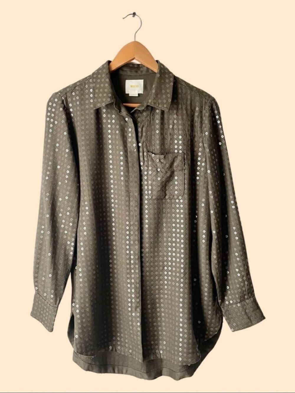 MAEVE x Anthropologie Arwa Olive Green Sequin Button Up Top